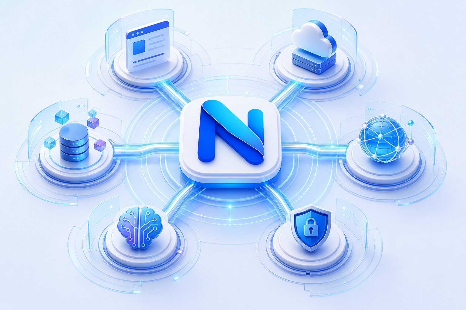 Neo connected ecosystem infographic linking software, cloud, network, data, cybersecurity, and AI automation